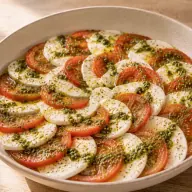 Caprese — Fiordilatte, tomato, basil pesto and oregano
