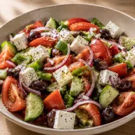 Greek — Cherry tomatoes, cucumber, red onion, feta, olives and oregano