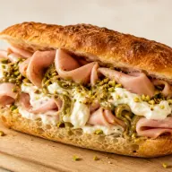 Sfacciato — Pistachio mortadella, stracciatella, pistachio pesto and crushed pistachios