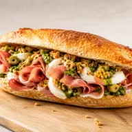 Speciale — Cured ham, fiordilatte, almond-stuffed olives, crumbled tarallo and basil pesto